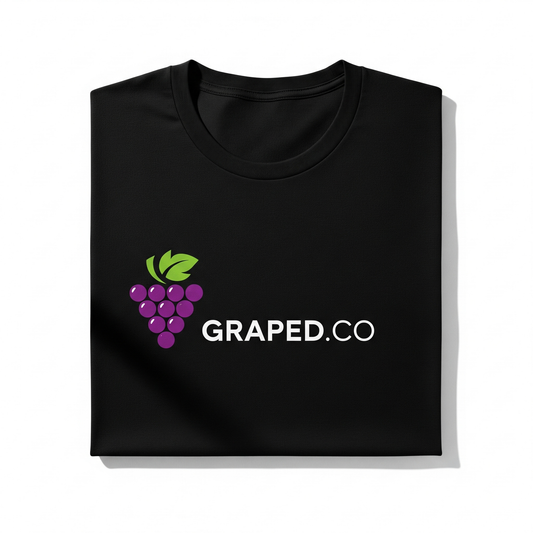 T-shirt with mock brand label at neck: “GRAPED.CO – Wear the Pride.”